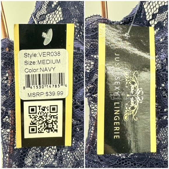 Just Sexy Lingerie NWT Navy Blue Lace Bodysuit with Deep V-Neck Size Medium - Picture 3 of 4